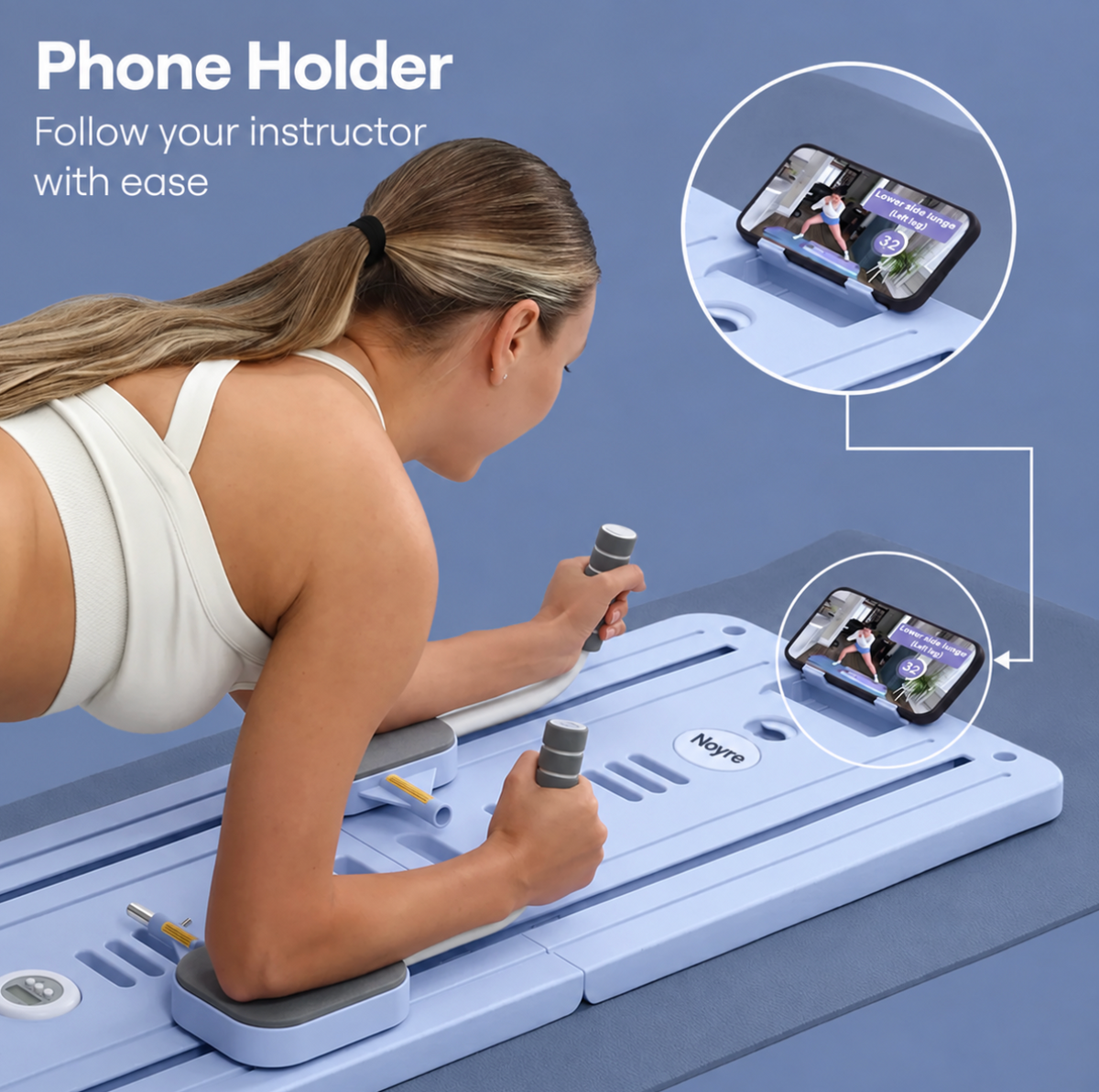 At-home Pilates reformer board with phone holder and workout timer